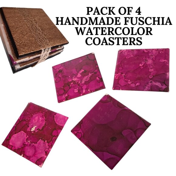 HANDMADE FUSCHIA WATERCOLOR COASTERS - PACK OF 4 - Picture 1 of 2